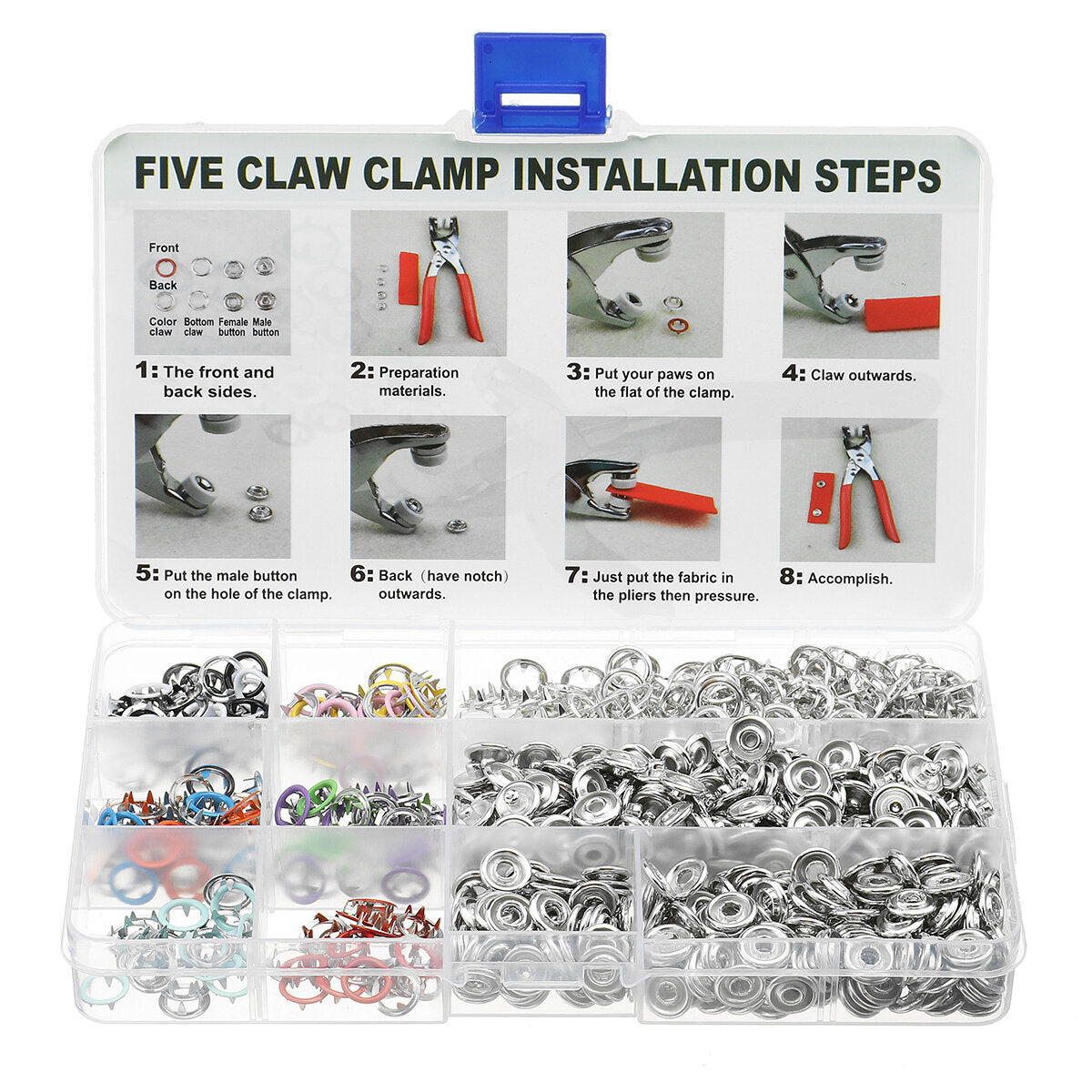 10 Colors 250pcs/200pcs/100pcs Five-Claw Button Clasp + Installation Tool Kit