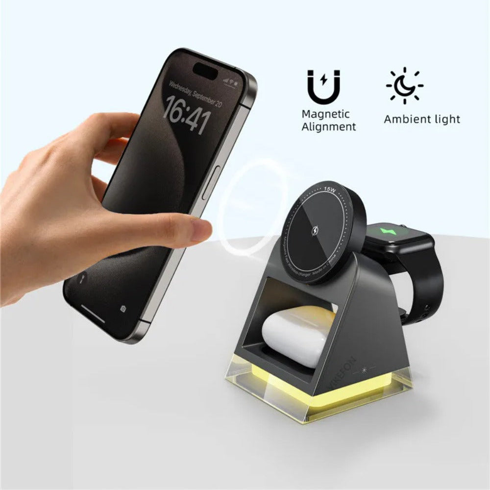 3-in-1 Magnetic Wireless Charger Stand with LED Light for iPhone, Apple Watch, AirPods