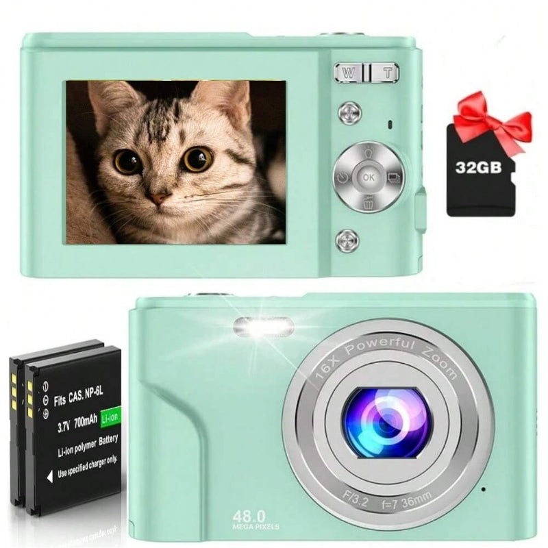 FHD 1080P 48MP Digital Camera, 16X Zoom, Beginner-Friendly, Mini Camera with 2 Batteries & 32GB SD Card