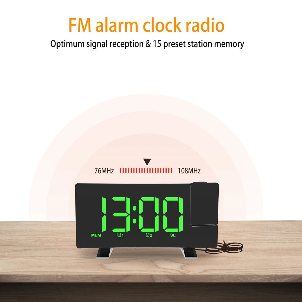 8" Projection Alarm Clock: 180° Projector, FM Radio, USB Charger, Adjustable Brightness, LED Display - for Bedroom/Living Room