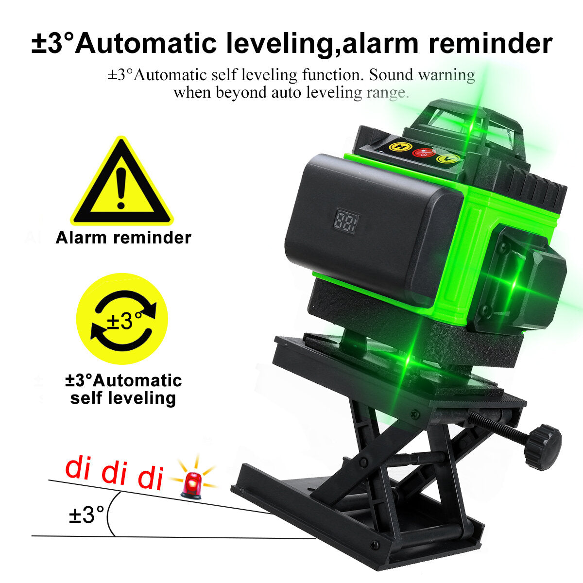 16 Lines 4D Laser Level, Green Laser Line, Self Leveling, Horizontal Lines &360 Degree Vertical Cross with 2xBattery for Outdoor