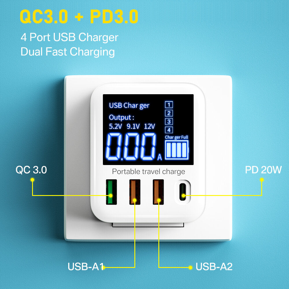 40W 4-Port USB PD Charger QC3.0 PD3.0 Fast Charging Adapter for iPhone Samsung Xiaomi