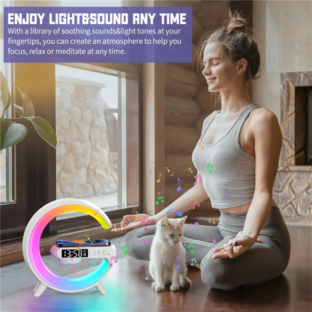 Wireless Charger Stand Speaker with RGB Night Light, Alarm Clock, Fast Charging for iPhone Samsung Xiaomi