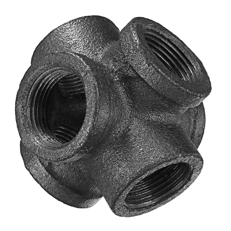 1/2" 3/4" 1" 6 Way Pipe Fitting Malleable Iron Black Double Outlet Cross Female Tube Connector