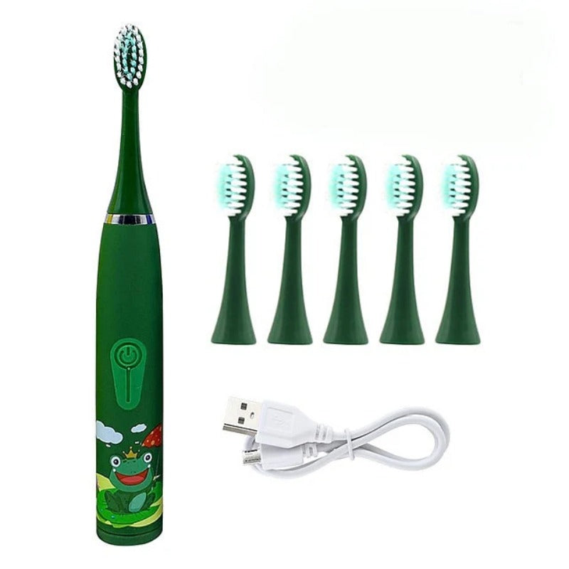 Kids Cartoon Sonic Electric Toothbrush Set with Replacement Heads - Portable Dental Cleaning Device