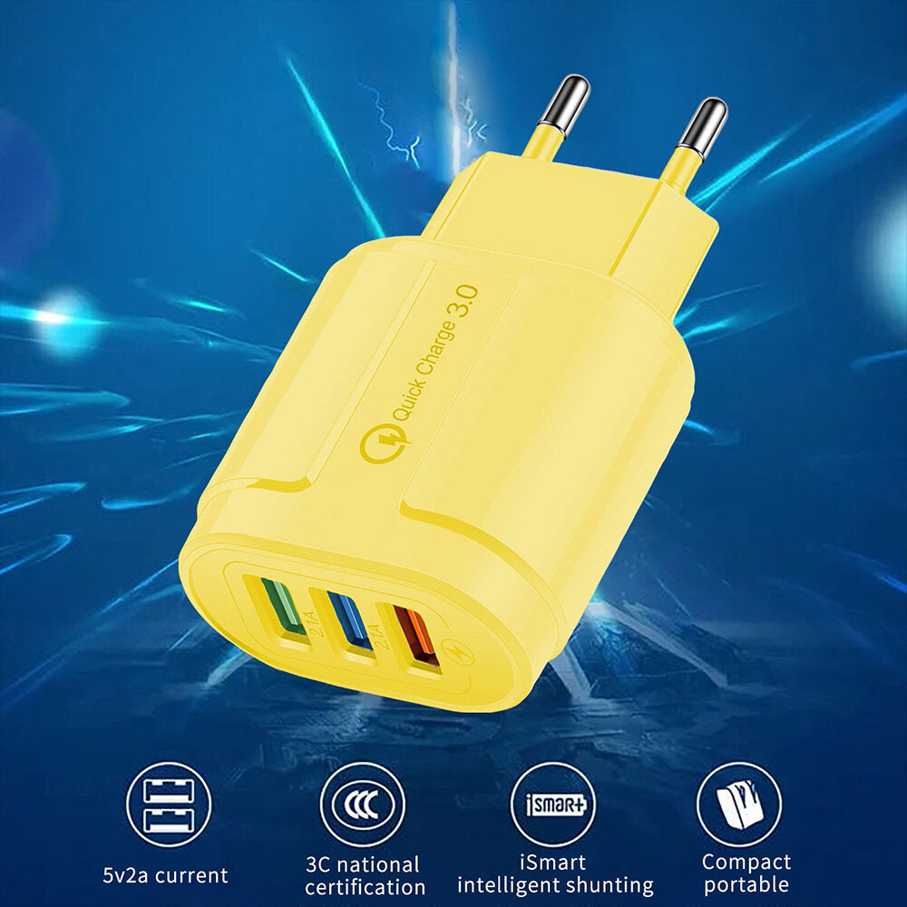 3-Port USB Charger 2.1A+QC3.0 Fast Wall Adapter EU Plug for iPhone, Hui, Samsung, Xiaomi