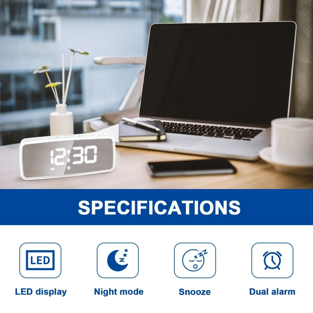 USB-Rechargeable LED Mirror Digital Alarm Clock with Snooze Mode