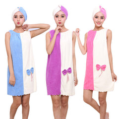 Flannel Soft Absorbent Skirts Salon Bathrobe Women SPA Bath Towel With Hair Dry Cap