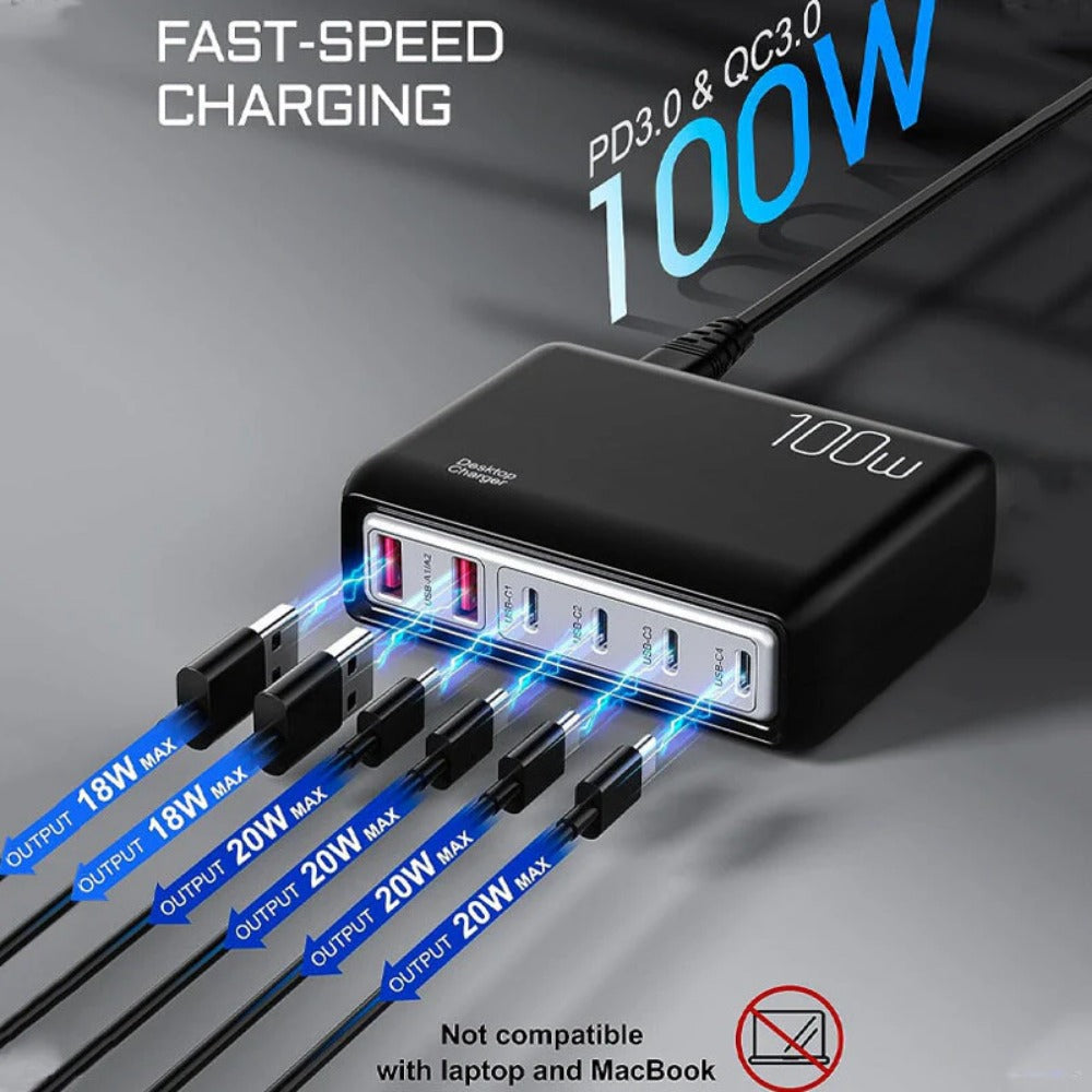 100W 6-Port USB PD Charger, Fast Charging Station for iPhone, Samsung, Hui, Xiaomi