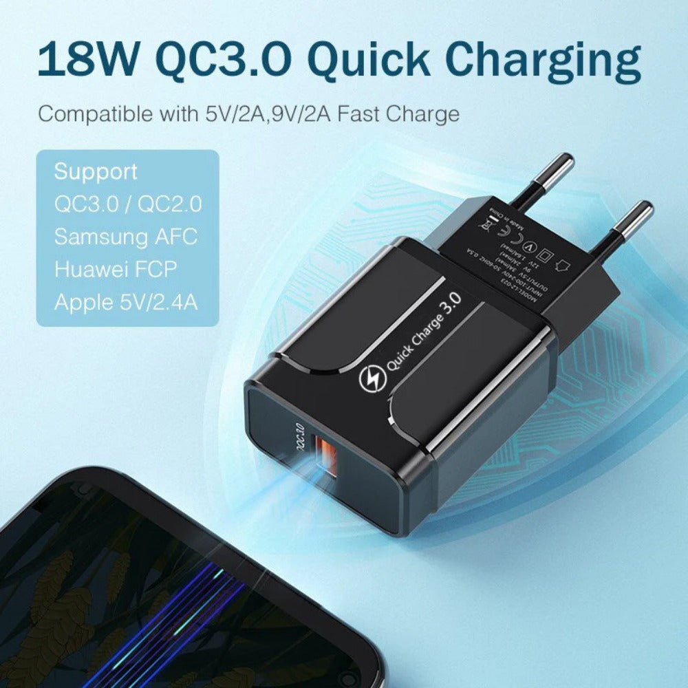 18W USB-A QC3.0 Fast Charger EU/US Plug for iPhone, Hui, Samsung, Xiaomi