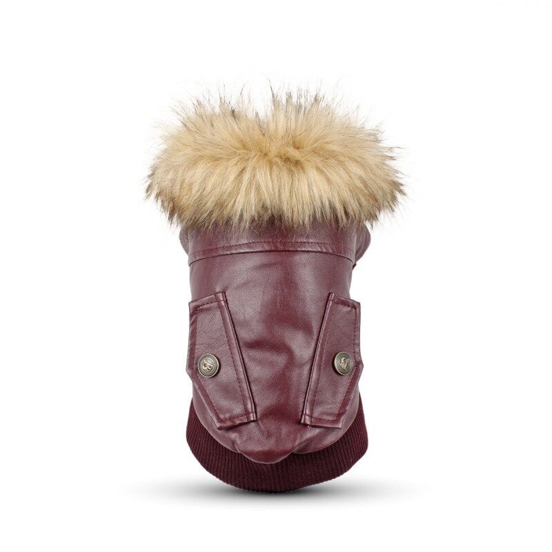 Pet Fur Collar Leather Coats Waterproof Pet Dog Winter Warm Coats Puppy Cold Weather Clothes