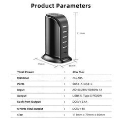 40W 6-Port USB PD Charger, Fast Charging Station for iPhone, Hui, Samsung, Xiaomi