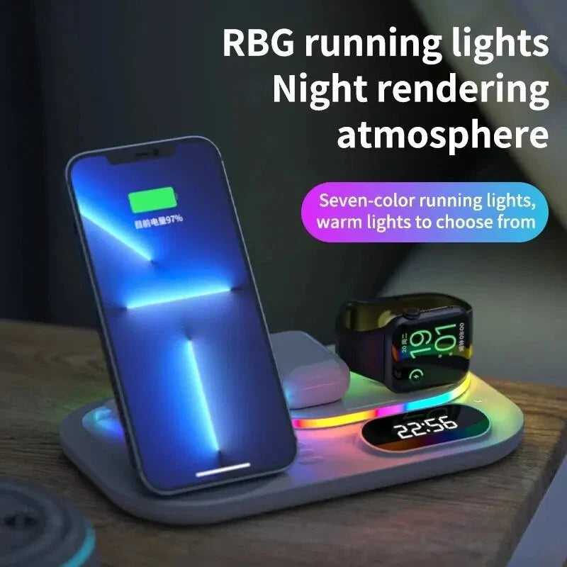 15W 4-in-1 Wireless Charger with Clock & RGB Lights for iPhone, Samsung, AirPods, Apple Watch