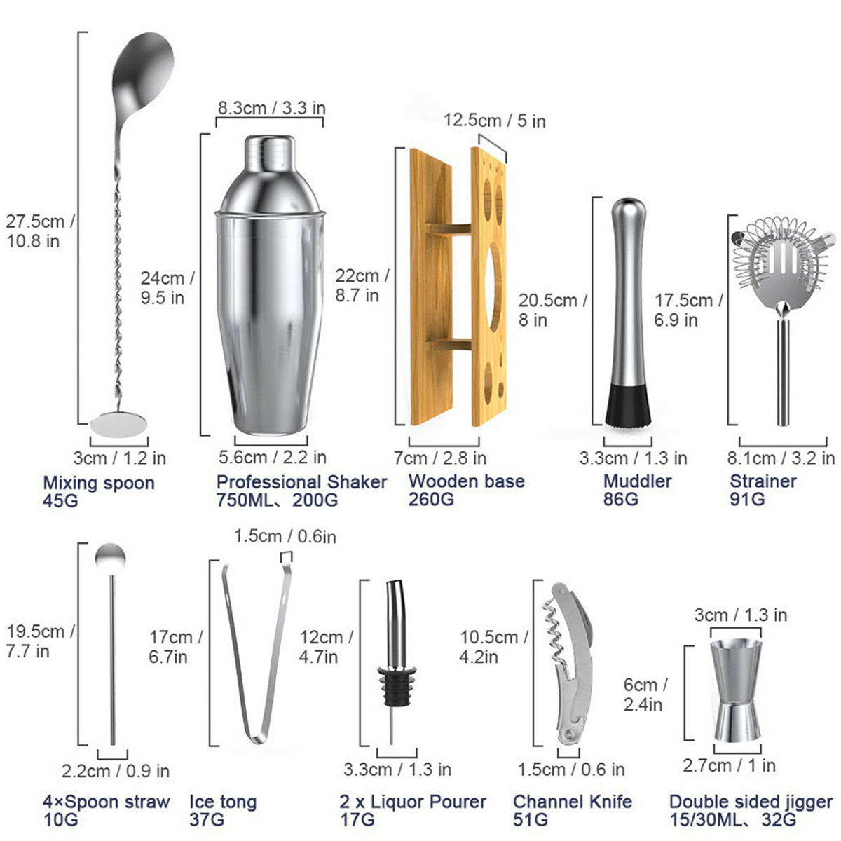 14Pcs Cocktail Shaker Set Mixer Martini Spirits Bar Spoon Jigger Strainer Stand