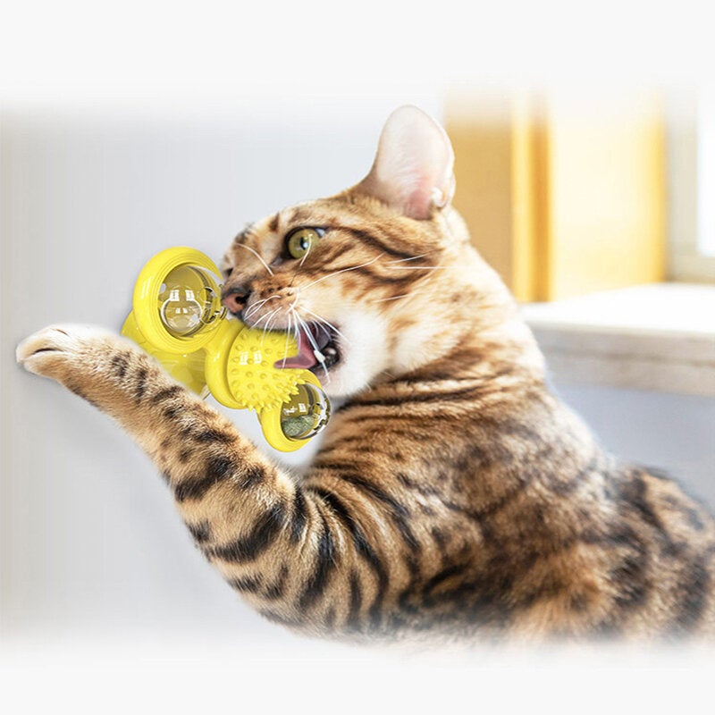 Pet Interactive Puzzle Training Cat Toy Turn Around Windmill Turntable With LED Ball And Catnip Ball Tease Pet toy Scratching itching Cat Brush