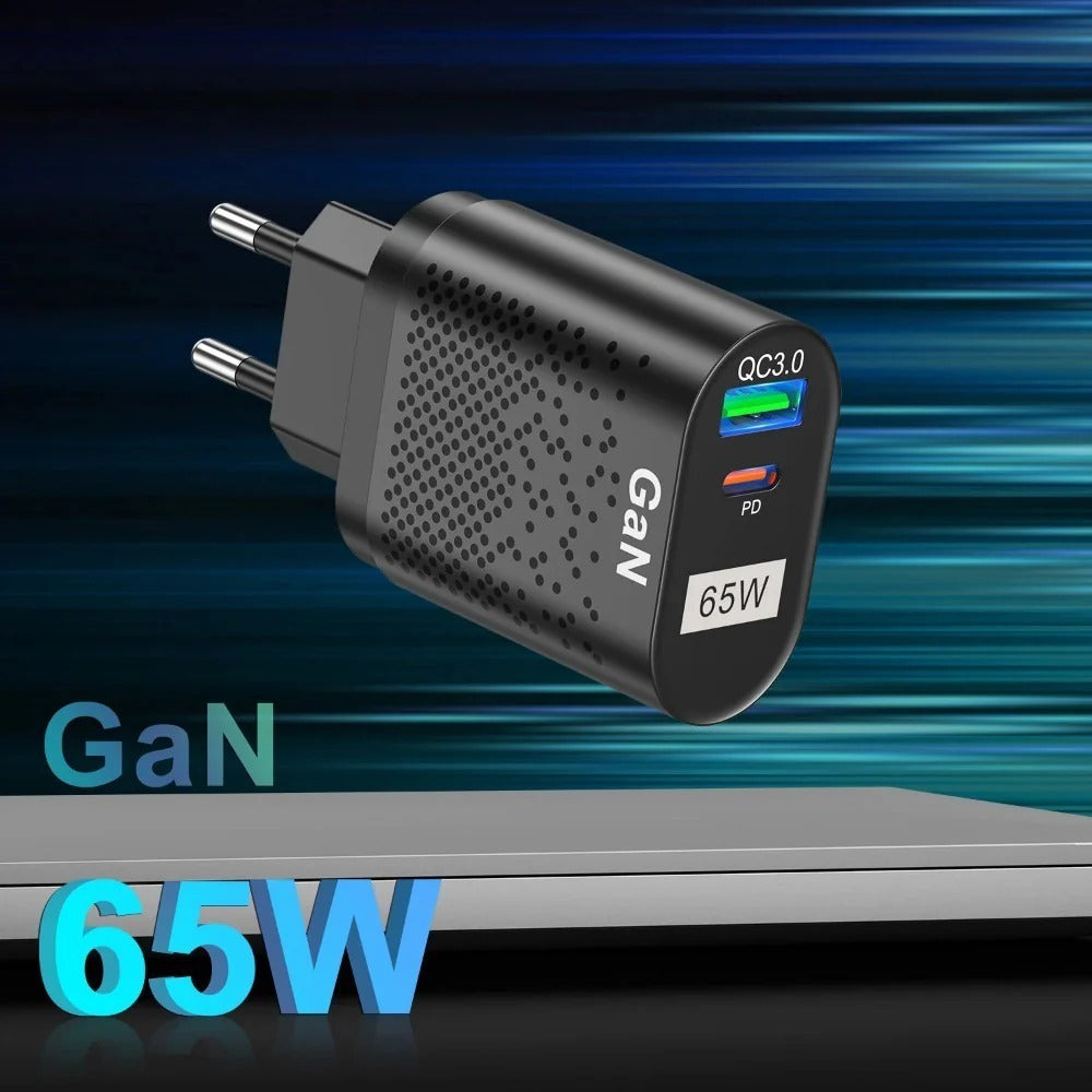 65W GaN Wall Charger, 33W USB-C PD PPS, 33W USB-A QC3.0 Fast Charging for iPhone, iPad, Samsung, MacBook Air