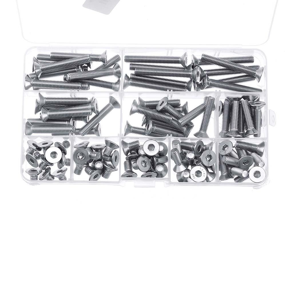 100Pcs M6 304 Stainless Steel Hex Socket Flat Head Screw Bolts Assortment Set