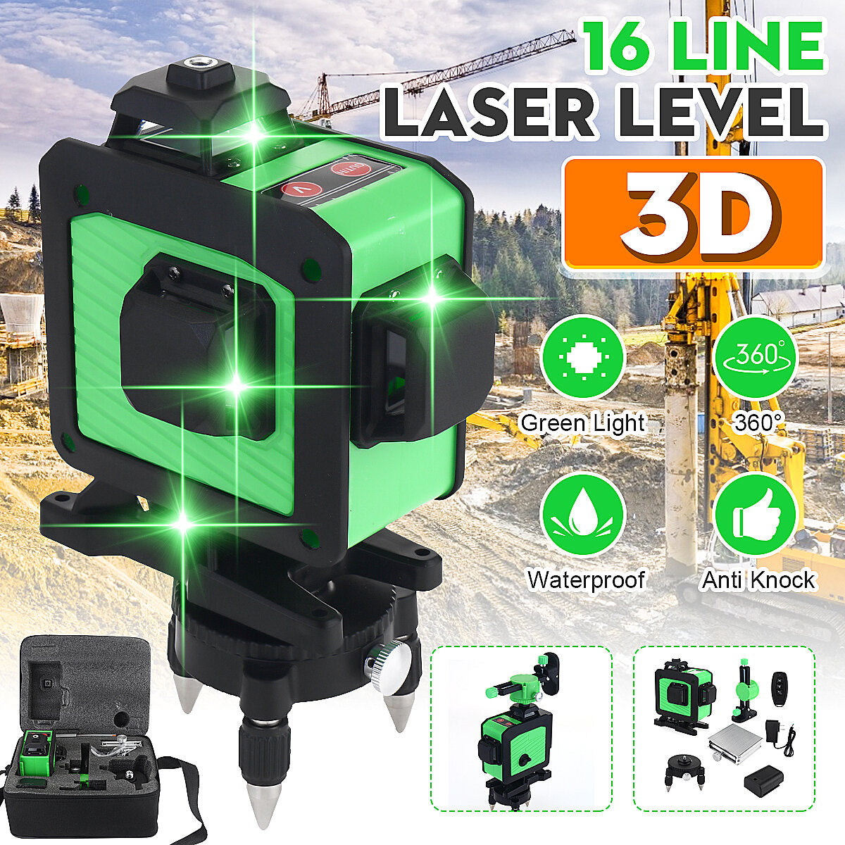 16 Line 360 Horizontal Vertical Cross 3D Green Light Laser Level Self-Leveling Measure Super Powerful Laser Beam with Two Batteries