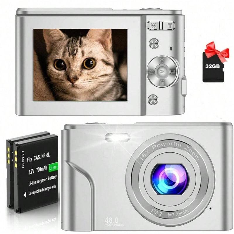 FHD 1080P 48MP Digital Camera, 16X Zoom, Beginner-Friendly, Mini Camera with 2 Batteries & 32GB SD Card