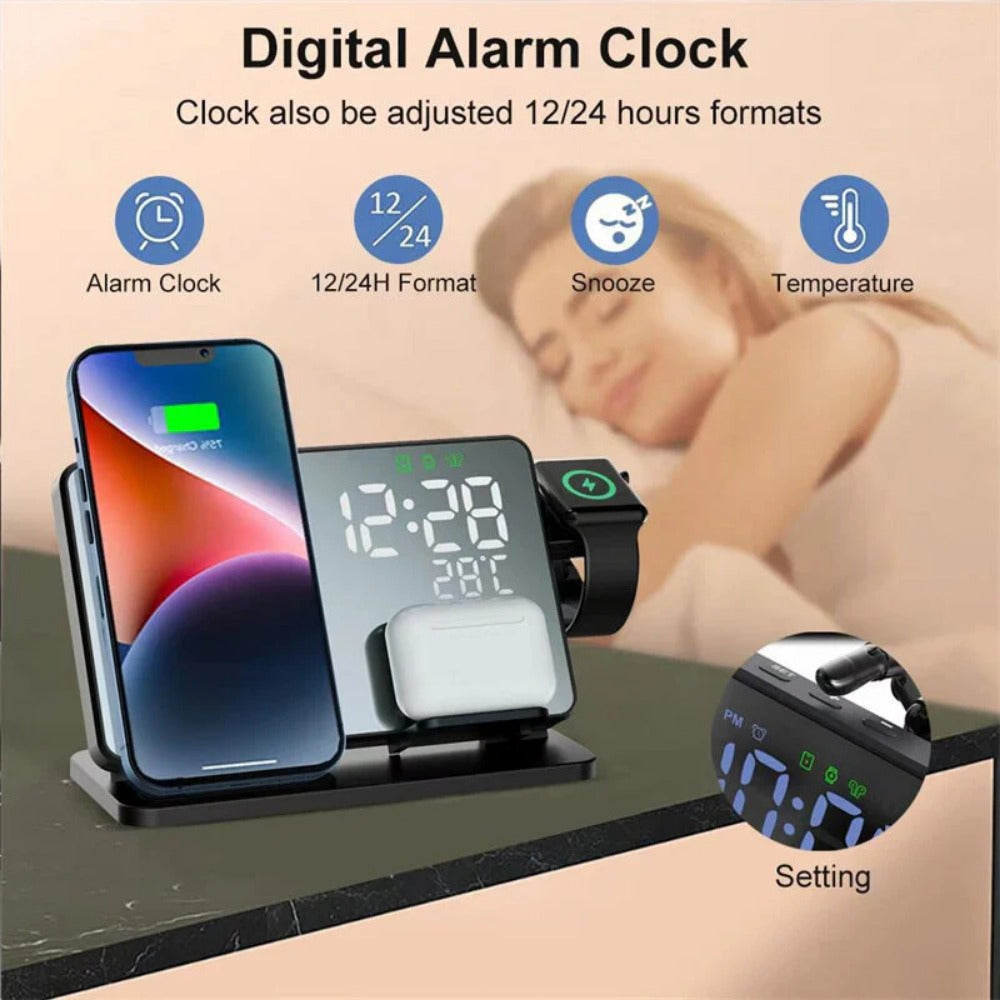 15W Fast Wireless Charger & Alarm Clock for iPhone, Samsung, Hui, Apple Watch, AirPods