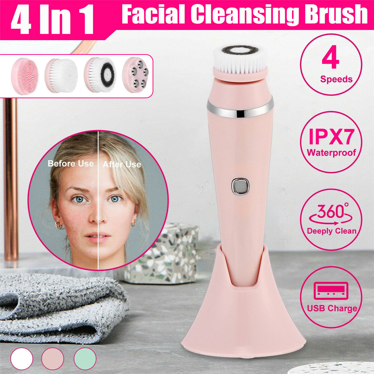 Electric Facial Wash Brush Waterproof Silicone Facial Cleanser 4-in-1 Cleaner