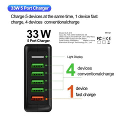 33W 5-Port USB PD Fast Charger QC4.0/3.0 EU/US Plug for iPhone, Xiaomi, Hui, OPPO, Samsung