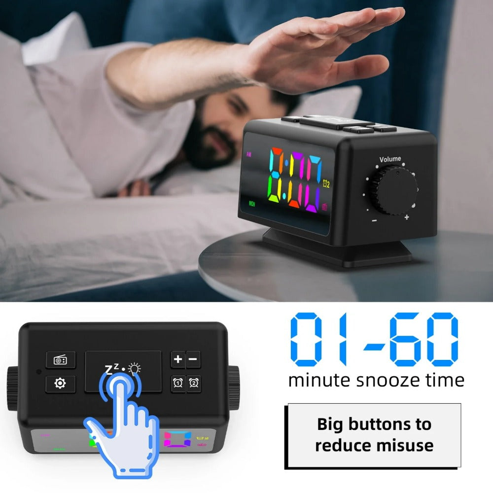 RGB Digital Alarm Clock with FM Radio, Dual Alarms, Snooze, Dynamic Display, 12/24H, Date, USB Charging - Ideal for Home & Office