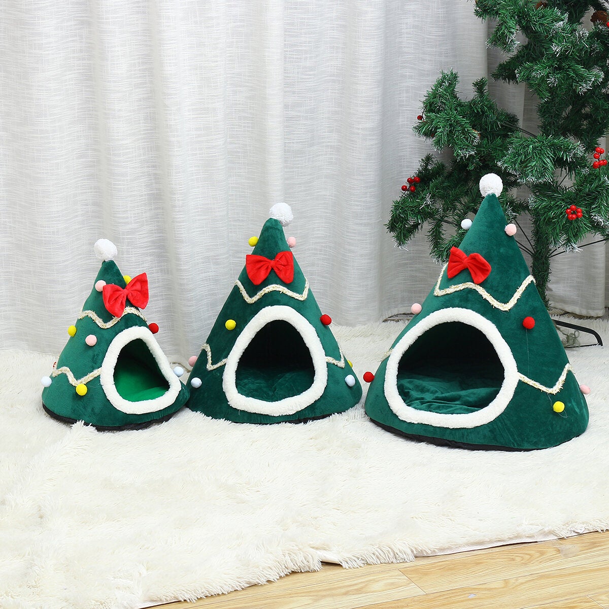 Cat Pet Dog Christmas Tree Shape Velvet Warm House Cave Beds Indoor Cats Cozy Wool Igloo Pet House