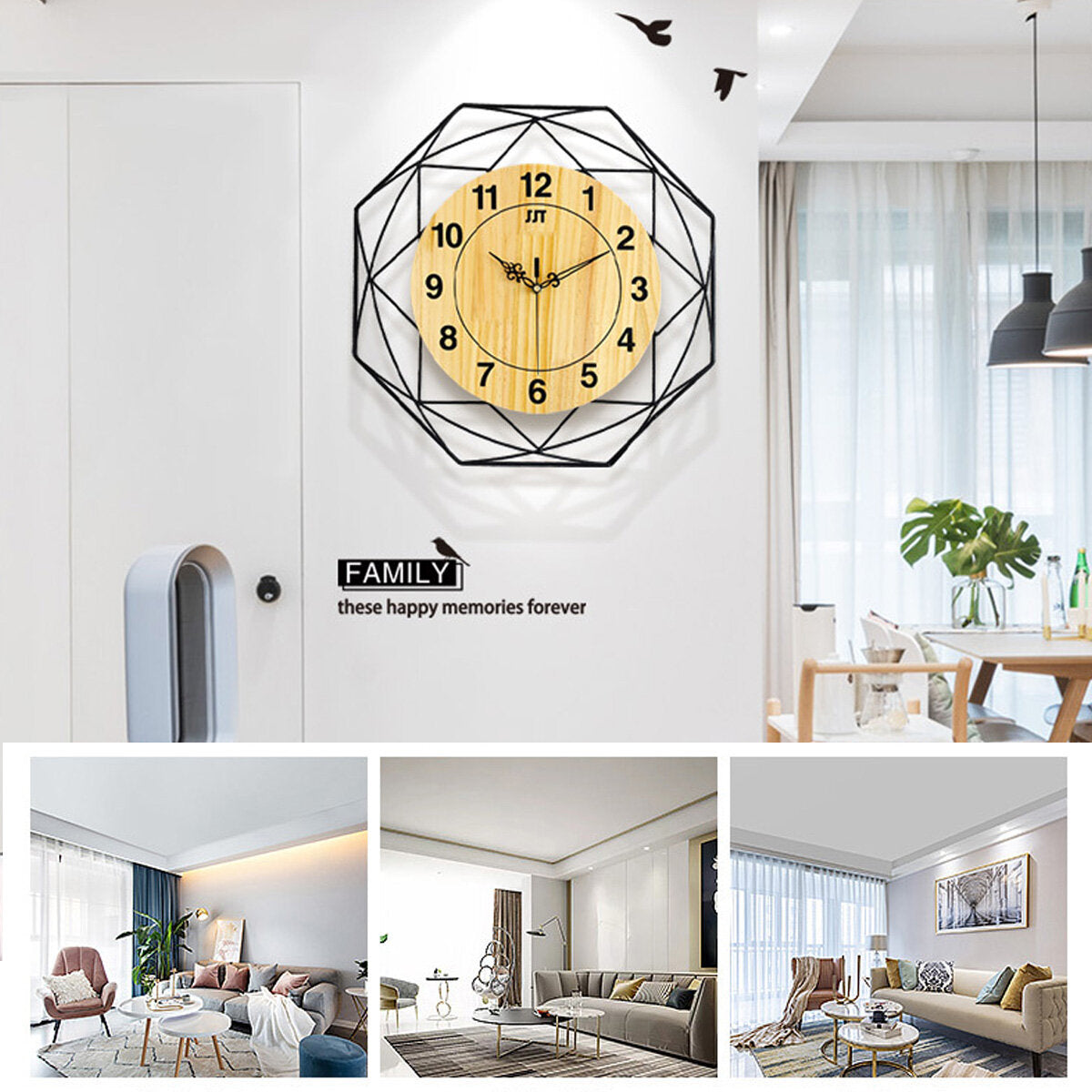 Clear Wide Large Wood 42cm Wall Clock With Bird Stickers For Study Living Room