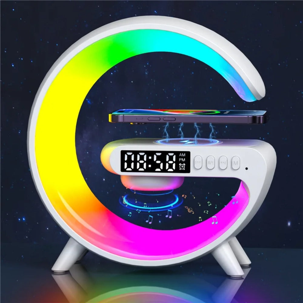 Wireless Charger Stand Speaker with RGB Night Light, Alarm Clock, Fast Charging for iPhone Samsung Xiaomi