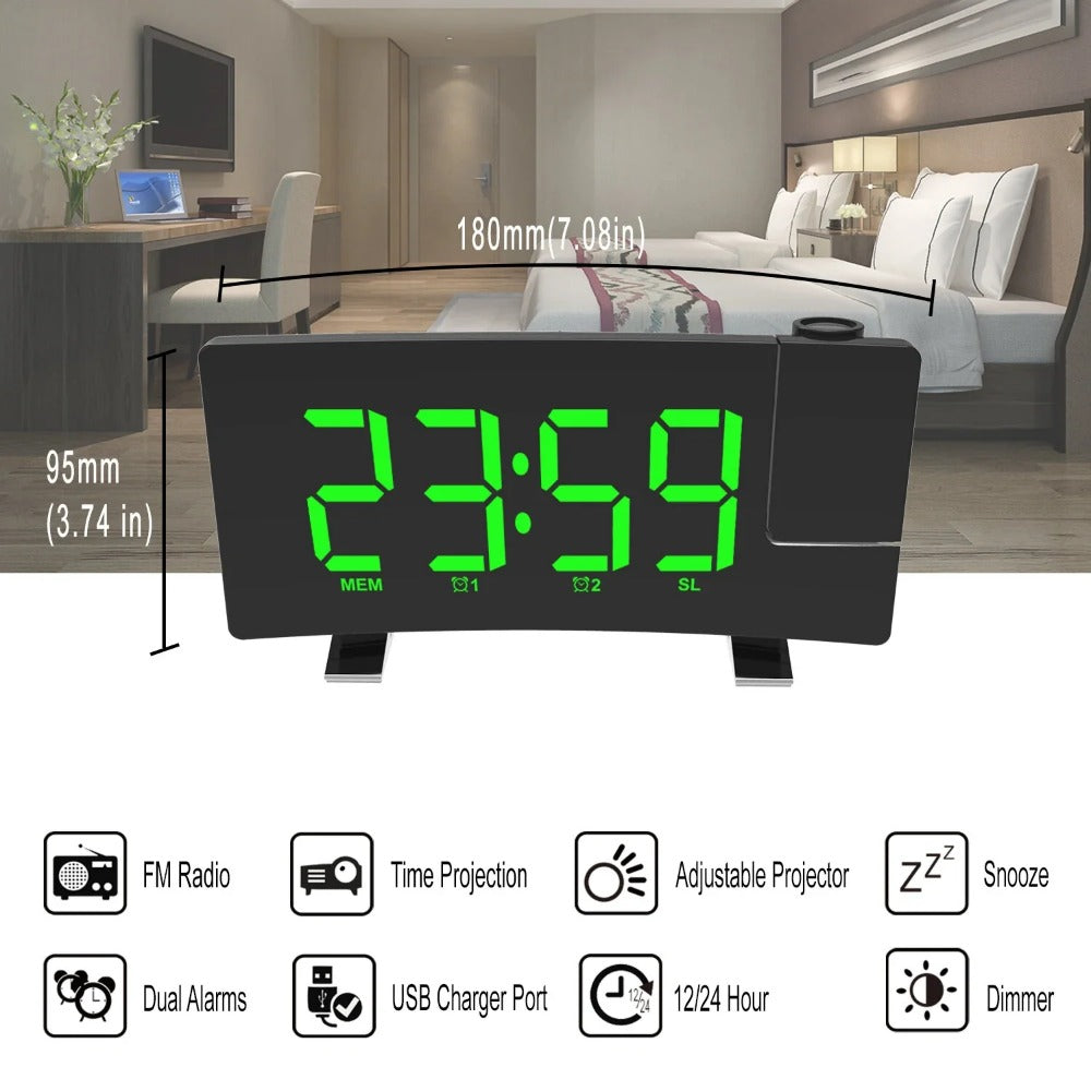 8" Projection Alarm Clock: 180° Projector, FM Radio, USB Charger, Adjustable Brightness, LED Display - for Bedroom/Living Room