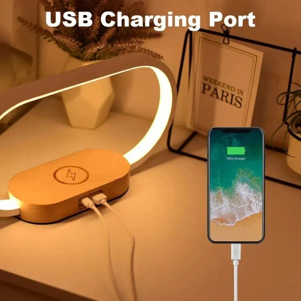 Wireless Wooden Charger with USB Port & Touch Night Light Lamp