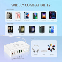 70W 8-Port USB PD Charger, 2 USB-A + 6 USB-C, Fast Charging Station for iPhone, Hui, Xiaomi, Samsung