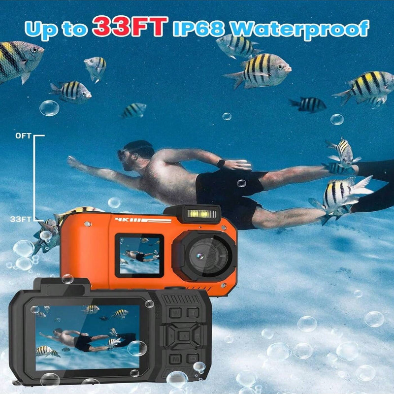 33FT 4K 65MP Waterproof Underwater Camera, Rugged Dustproof Shockproof, Dual-Screen, 64GB Card