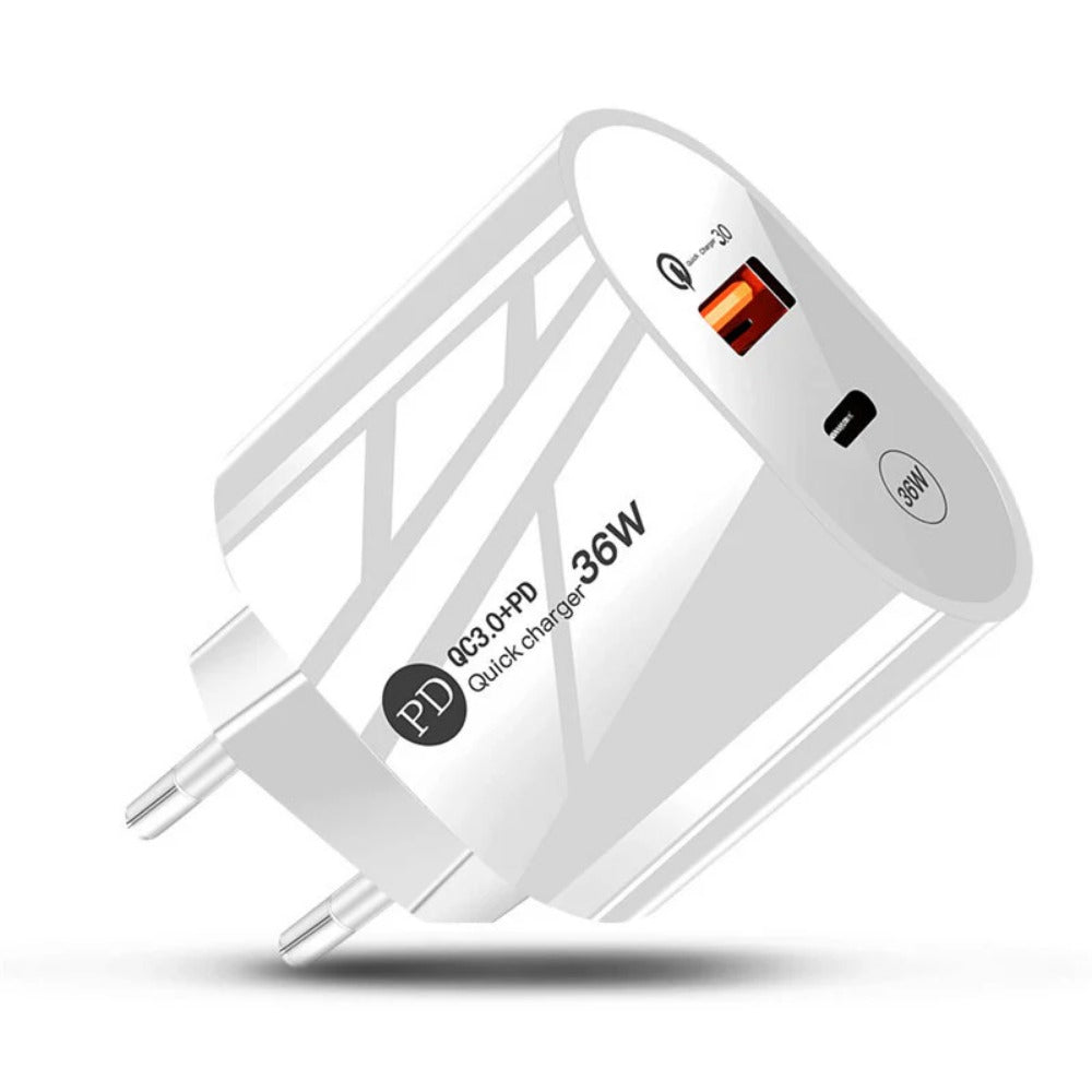 2-Port USB PD Charger, USB-A+USB-C, QC3.0 Fast Wall Adapter, EU Plug for iPhone, Hui, Samsung, Xiaomi