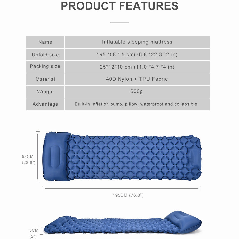 Camping Mat Sleeping Pad Self Inflatable Mattress With Pillow Ultralight Air Cushion Outdoor Hiking Fast Air Charging