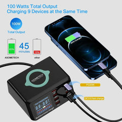 100W 8-Port USB Charger Station with Wireless Charging, Fast PD3.0 QC3.0 Adapter for iPhone, Samsung, Xiaomi, Oppo