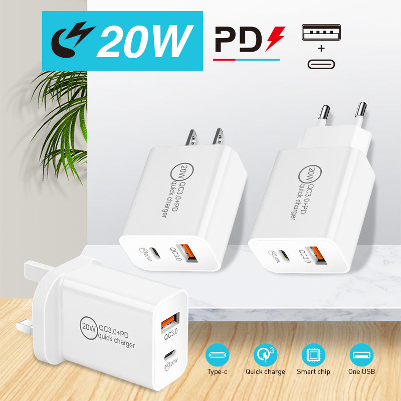 Dual 20W USB-C PD3.0 QC3.0 Fast Charger Adapter EU Plug for iPhone, Hui, Samsung