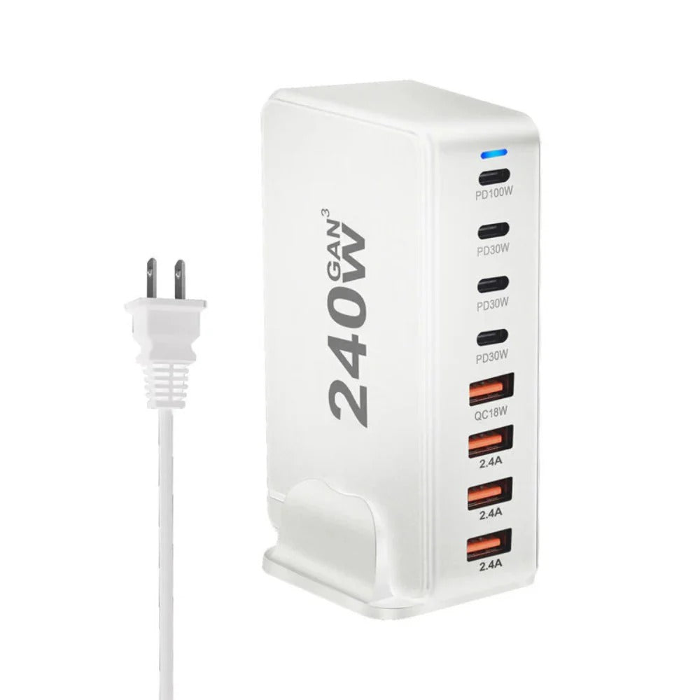 240W 8-Port GaN USB PD Charger, 4 USB-A + 4 USB-C, Fast Charging for iPhone, Hui, Samsung