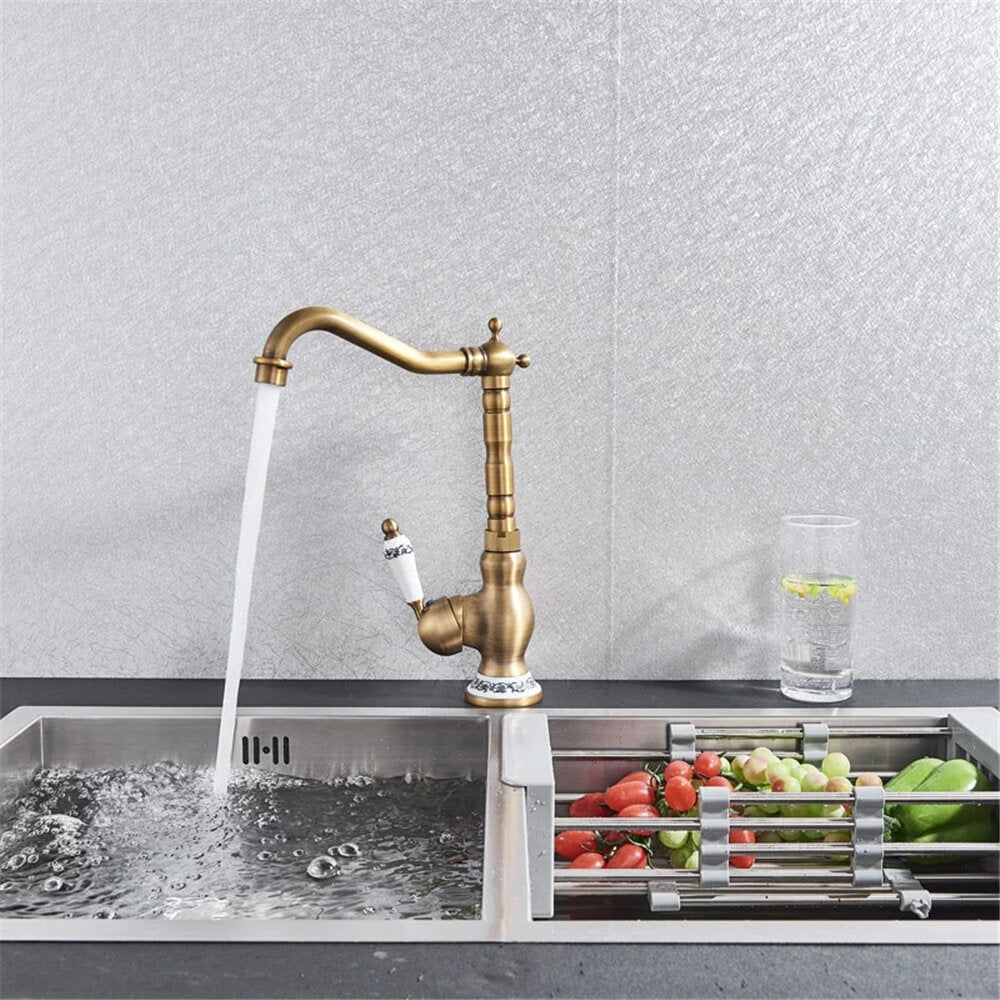 Kitchen Faucet Antique Brass Swivel Single Hole Bathroom Basin Sink Tap Porcelain Handle Rotatable Crane