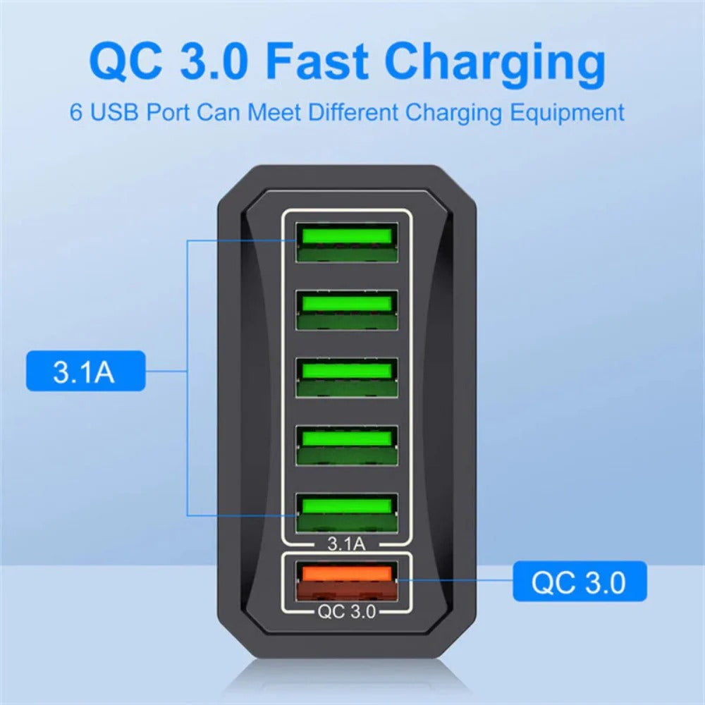 6-Port USB Charger QC3.0 Fast Charging Adapter EU Plug for iPhone, Xiaomi, Hui, Samsung