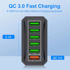 6-Port USB Charger QC3.0 Fast Charging Adapter EU Plug for iPhone, Xiaomi, Hui, Samsung