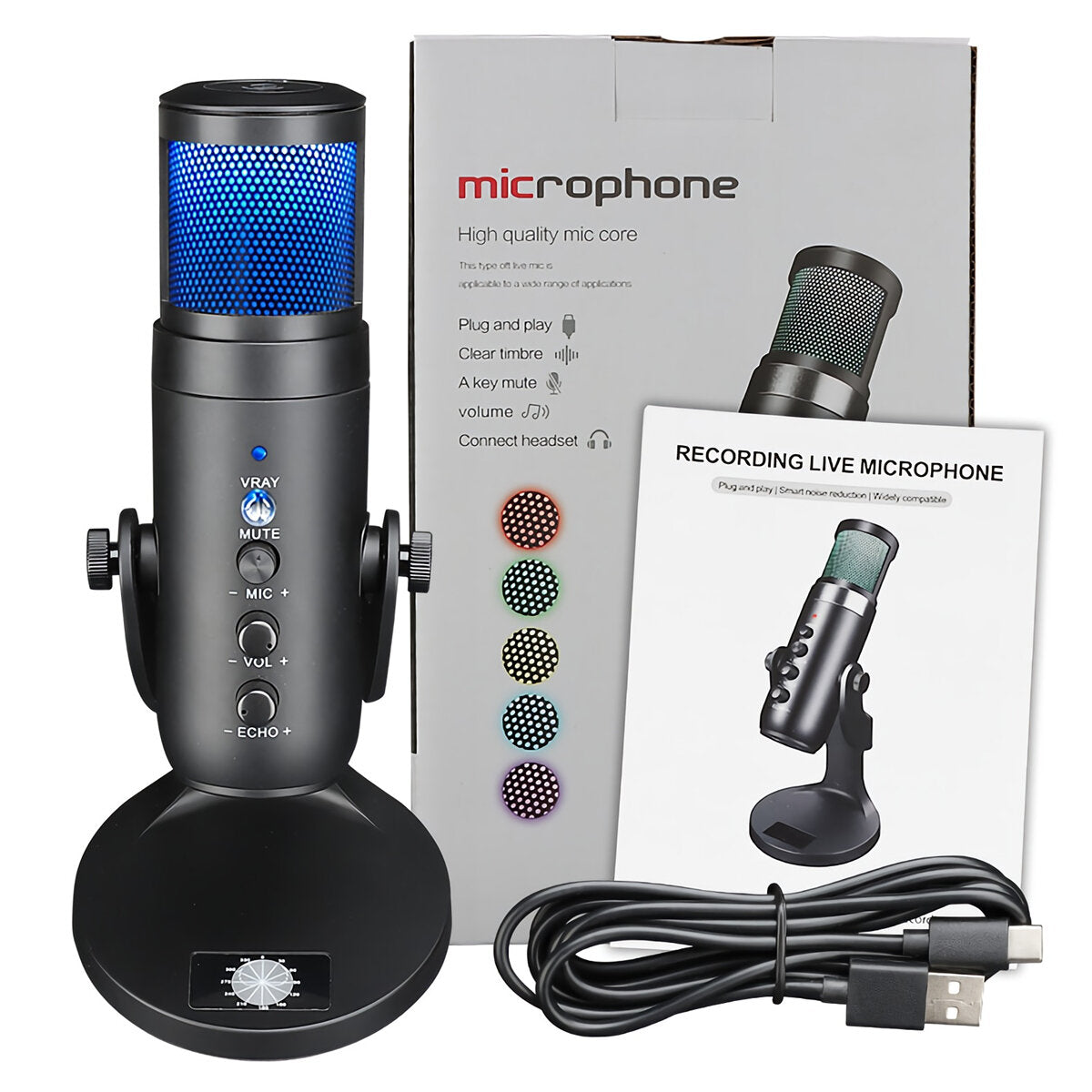USB Microphone Stand Gaming Live Streaming RGB Light Condenser for Recording PC Computer