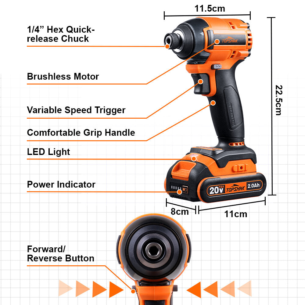 20V Electric Screwdriver Brushless Cordless Impact Driver LED Working Light Rechargeable Woodworking Maintenance Tool