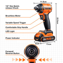 20V Electric Screwdriver Brushless Cordless Impact Driver LED Working Light Rechargeable Woodworking Maintenance Tool