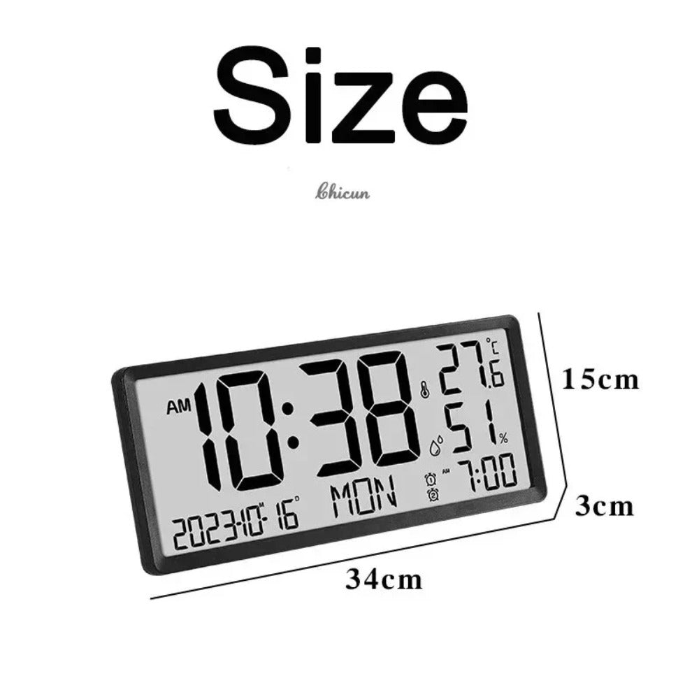 Large LCD Digital Wall Clock with Temperature and Humidity Display, Alarm, Desktop and Hanging Options for Home and Office