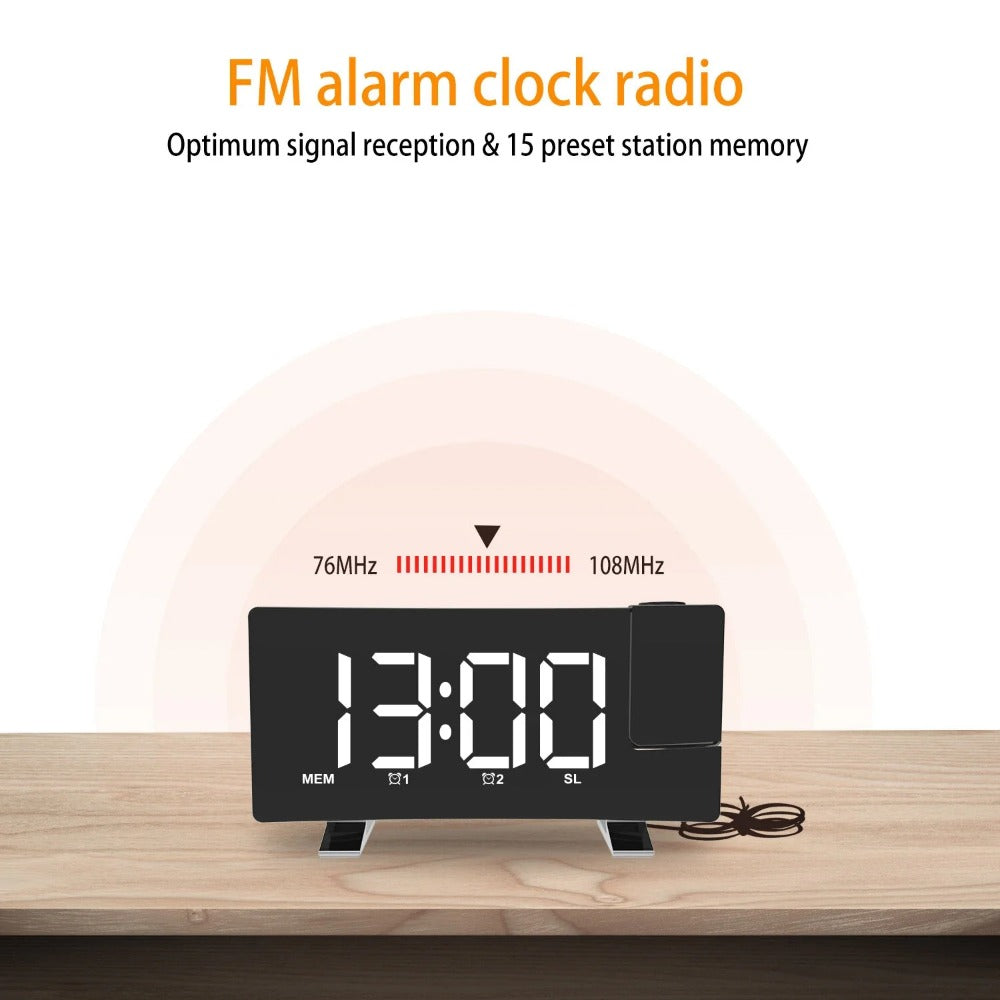 8" Projection Alarm Clock: 180° Projector, FM Radio, USB Charger, Adjustable Brightness, LED Display - for Bedroom/Living Room