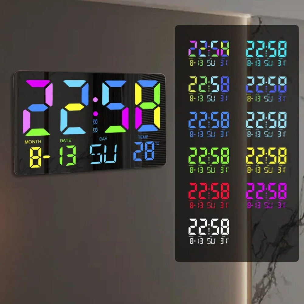 RGB Rainbow Digital Wall Clock with LED Display, Snooze, Remote, Auto Brightness, Temperature, Date, Week, 12/24H - Ideal for Home, Office, Classroom