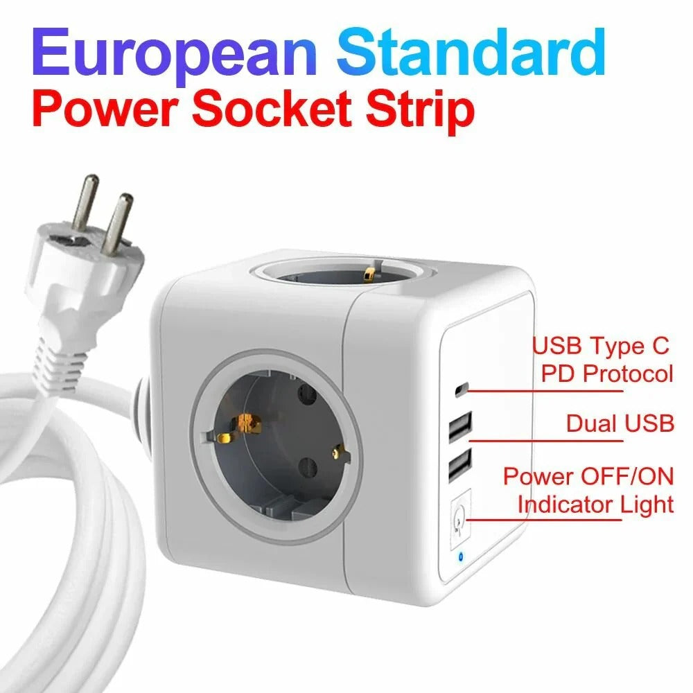 3-IN-1 German/EU Wall Socket Power Strip with USB/USB-C Charger & AC Outlets