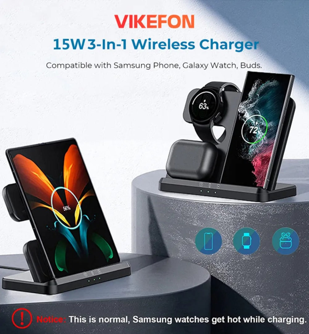 3-in-1 Wireless Charger Stand for Samsung Galaxy S23/S22/S21/S20/Note/Watch/Buds 15W Fast Charging Dock